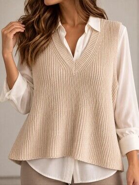 Zara Cream Ribbed Knit V-Neck Sweater Vest Size Small